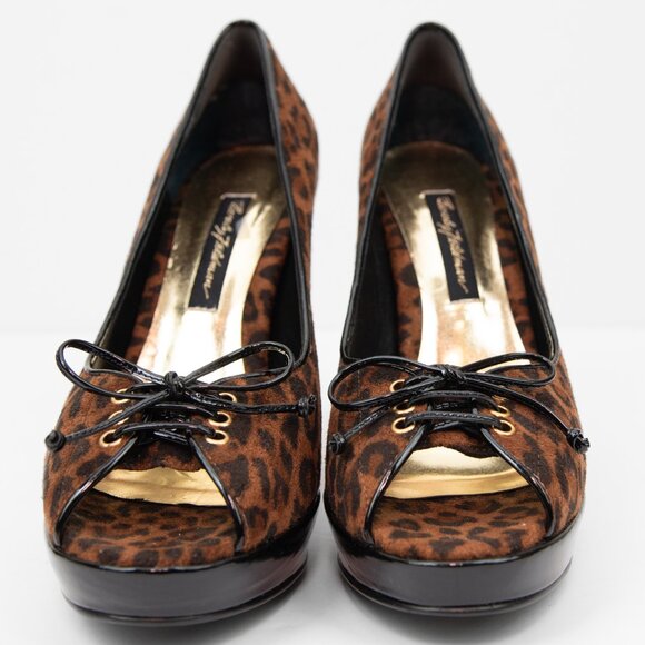 Beverly Feldman Play Along Heels Peep Toe Leopard Print Shoes Brown Black Size 8 - Picture 2 of 8
